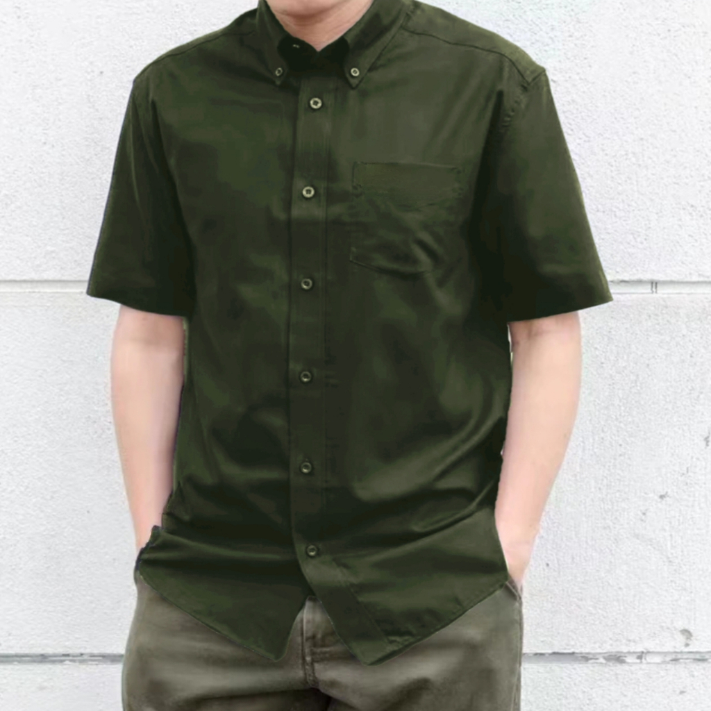 Promo Kemeja Polos Pria Lengan Pendek Baju Hem Kasual Hijau Army