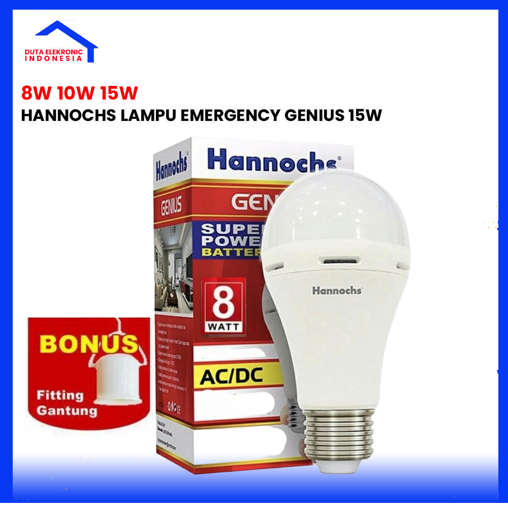 Hannoch Lampu Emergency 8W 10W 15W Genius Gratis Fitting Nyala Otomatis Pas Mati Lampu