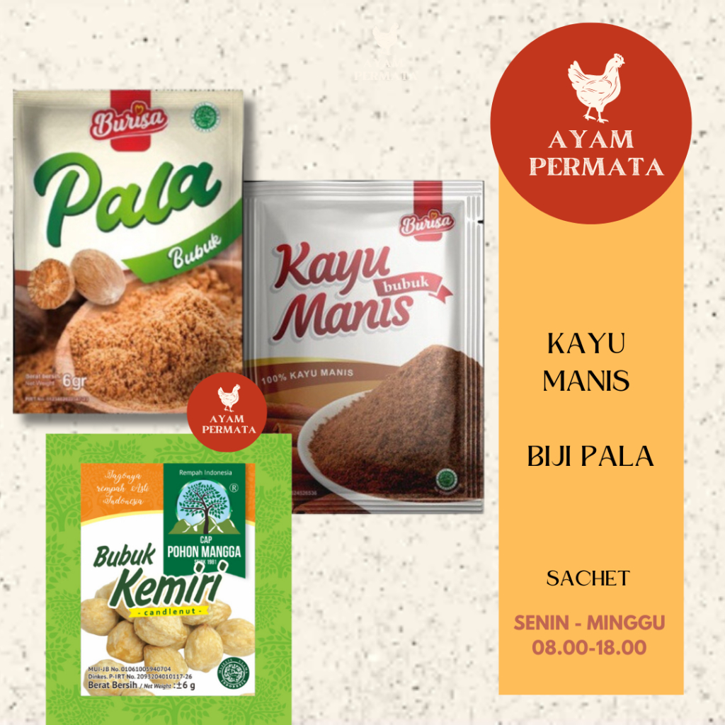 

Kayu Manis Biji Pala Kemiri Bubuk - Cinnamon Nutmeg Candlenut Powder / Kayumanis Rempah Masak Lokal - Ayam Permata