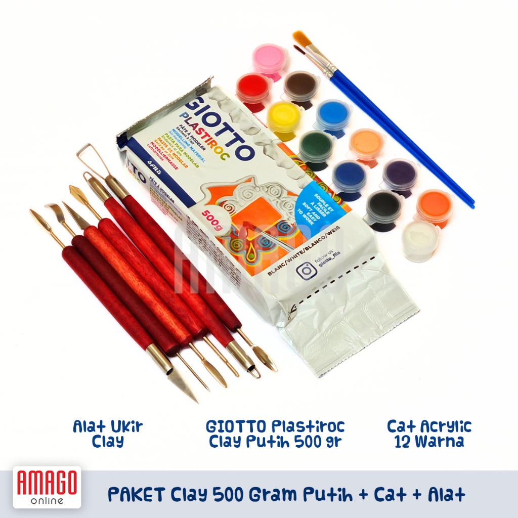 

RB PAKET lengkap Giotto PLASTIROC Modelling Clay 500 gram Putih + 6 bh Alat ukir + Cat Acrylic 12