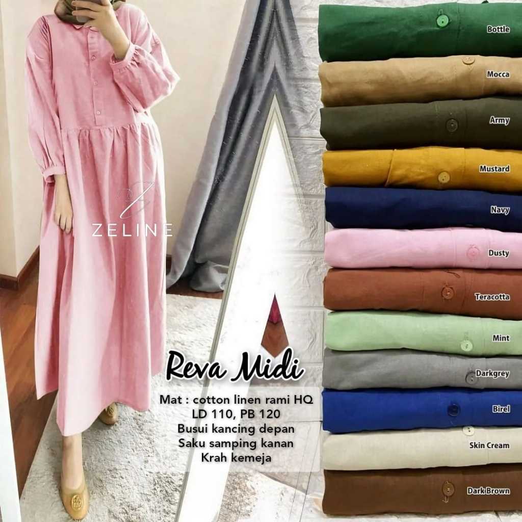 Reva Midi Dress Bahan Linen Rami Berlabel Zeline-Midi Dress Katun Import Polos Jumbo LD 110 Busui/Mi