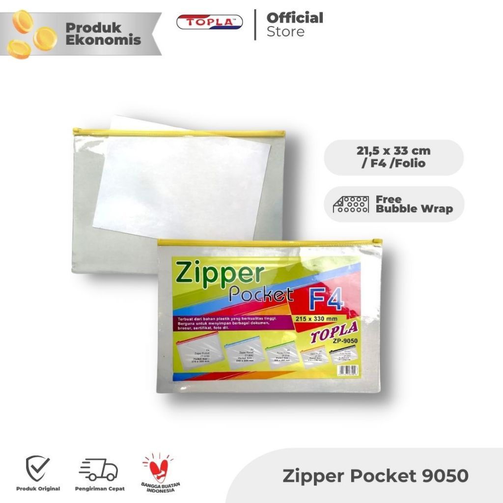 

TOPLA Zipper Pocket Folio Transparan/ Zipper Pocket F4 / Map Resleting / Merek Topla 9050