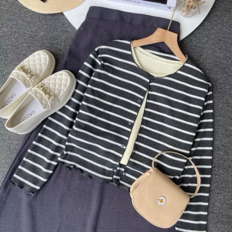 Cardigan Salur Crop Knit Waffle Kriwil Terbaru 2024 / Cardigan Stripe / Atasan Wanita Knit