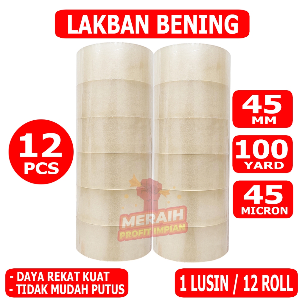 

Arm 1 LUSIN / 12 PCS - Lakban Bening 100 Yard - Lakban MPI 45 mm x 100 yard