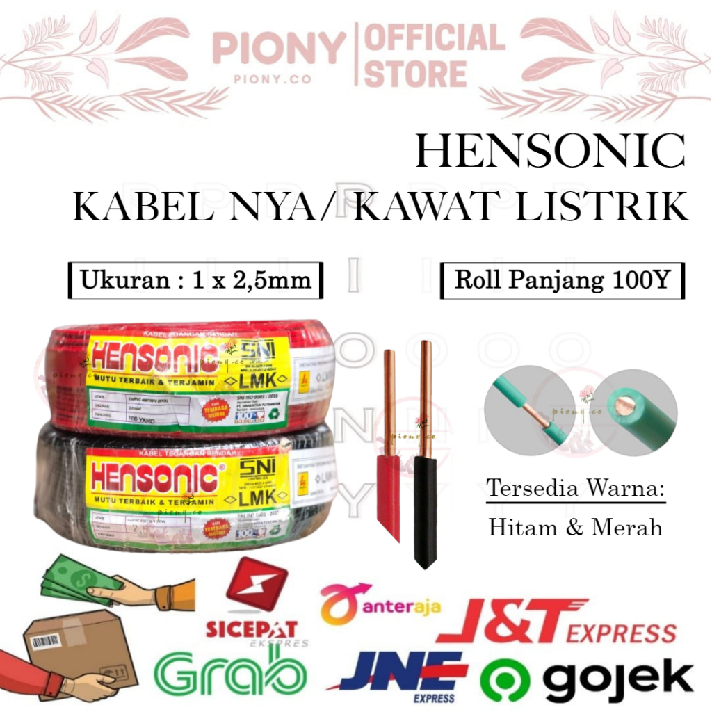 KABEL NYA HENSONIC 1X 1.5MM DAN 1X 2.5MM ROLL PANJANG 50 YARD DAN 100 YARD MERAH HITAM / KAWAT LISTR