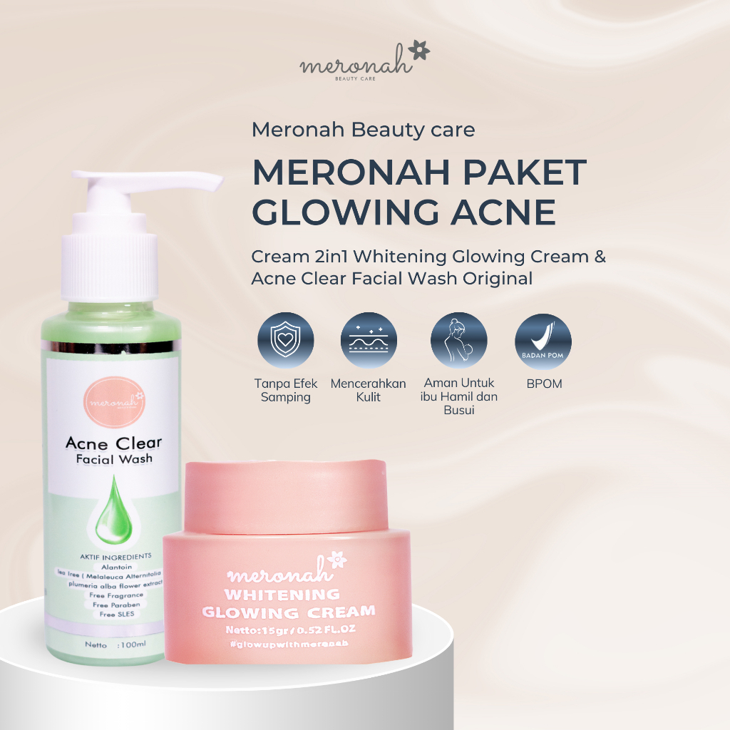 Meronah Paket Glowing Acne / Skincare Wajah Cream 2IN1 Acne Clear Facial Wash Original BPOM