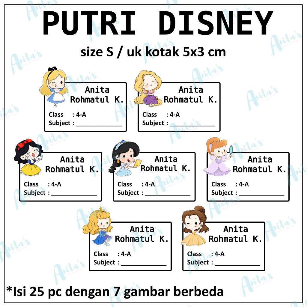 

25pc STIKER NAMA BUKU PELAJARAN ANAK SEKOLAH tema PUTRI DISNEY | size S / 5x3 cm | CUSTOM