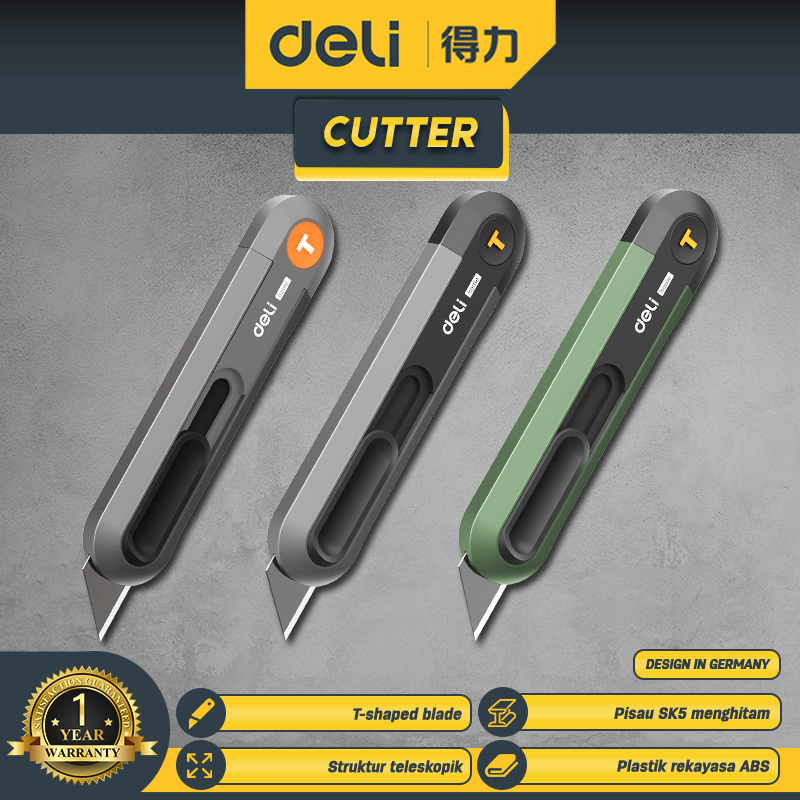 

DELI Pisau Cutter Auto Retract ABS T Shape Blade SK2 13.5mm - HT4008 HT4008C HT4008L