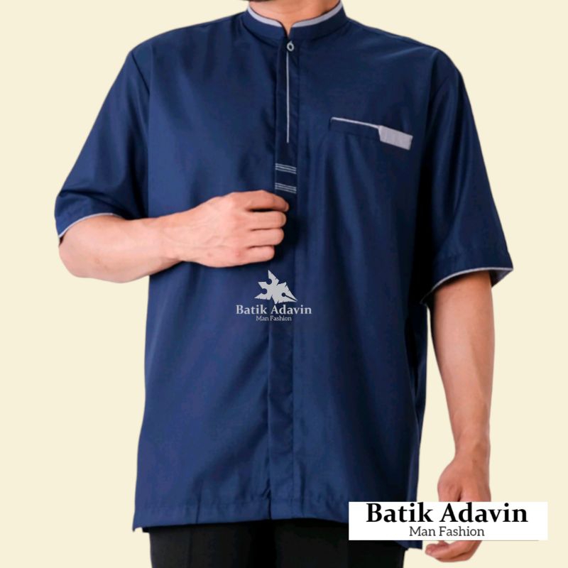 Baju Koko Pria Dewasa Kain Toyobo Vodu Premium Kancing Depan Saku Dada Warna Koko Biru Navy