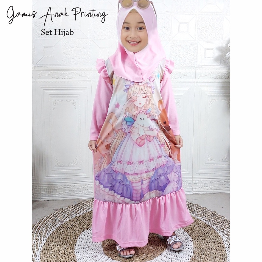 Gamis Anak Printing Set Hijab CF Kids