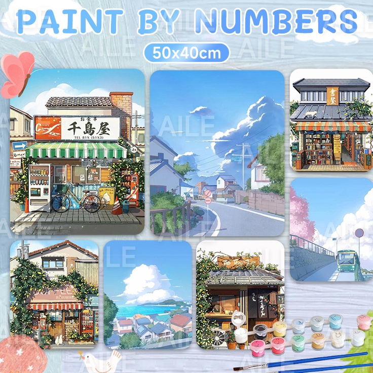 

45CM Paint By Numbers Fresh Cottage Decoration Landscape Series Oil Painting Hand Painted Coloring pembatas kayu cat ramah lingkungan kanvas