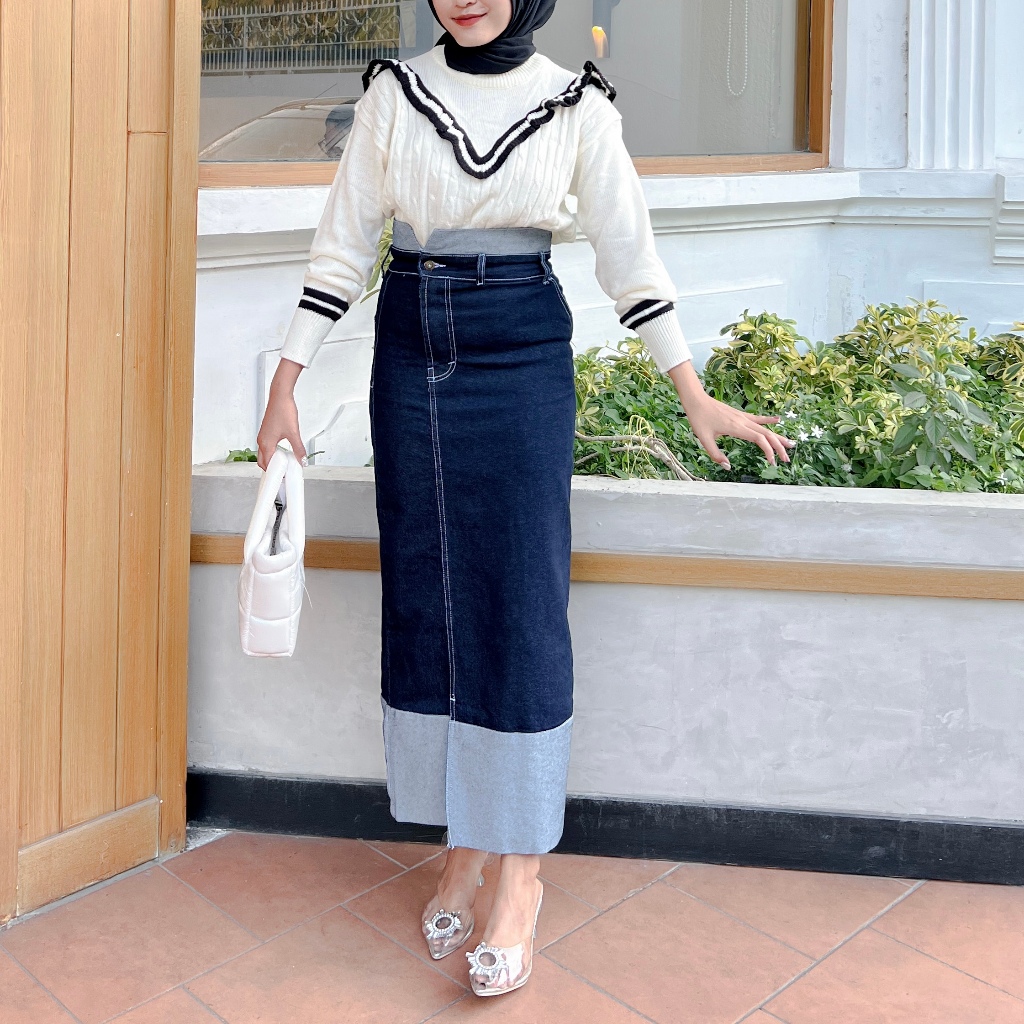 Two Tone Rok Skrit Jeans Highwaist Wanita Streach