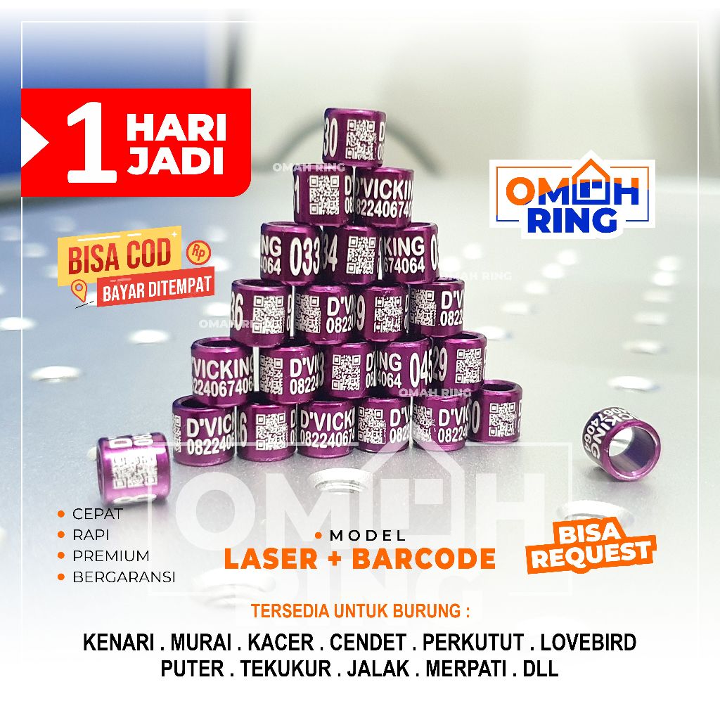 Omah Ring | Ring Burung Custome_Barcode 25 Biji | Perkutut/Murai batu/Lovebird/Kenari dll ada