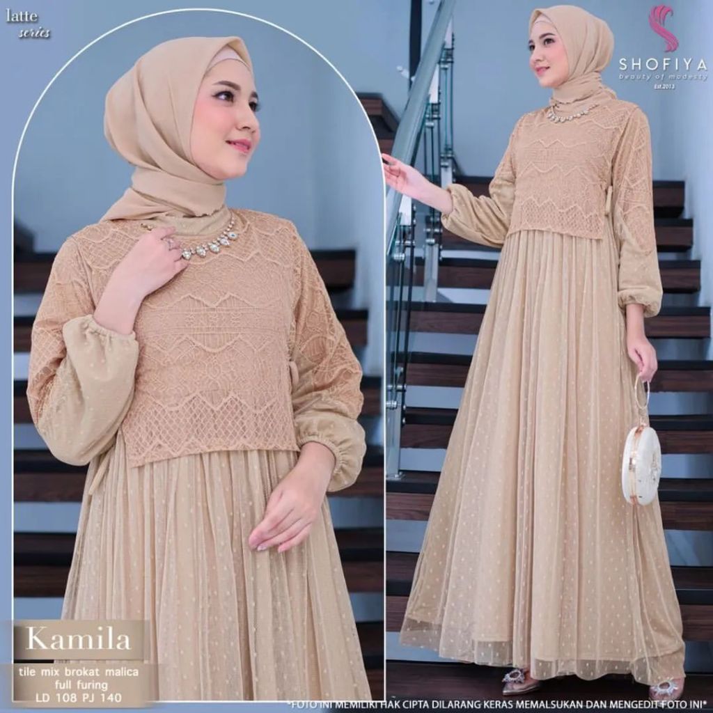 Kamila Dress Bahan Tille Dot Mix Brukat Malika / Dress Brukat Kondangan / Gamis Brokat Wanita / Dres