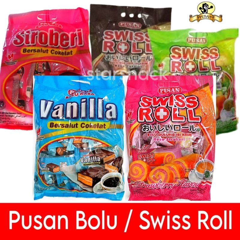 Pusan Bolu Swiss roll stroberi moka coklat isi 20