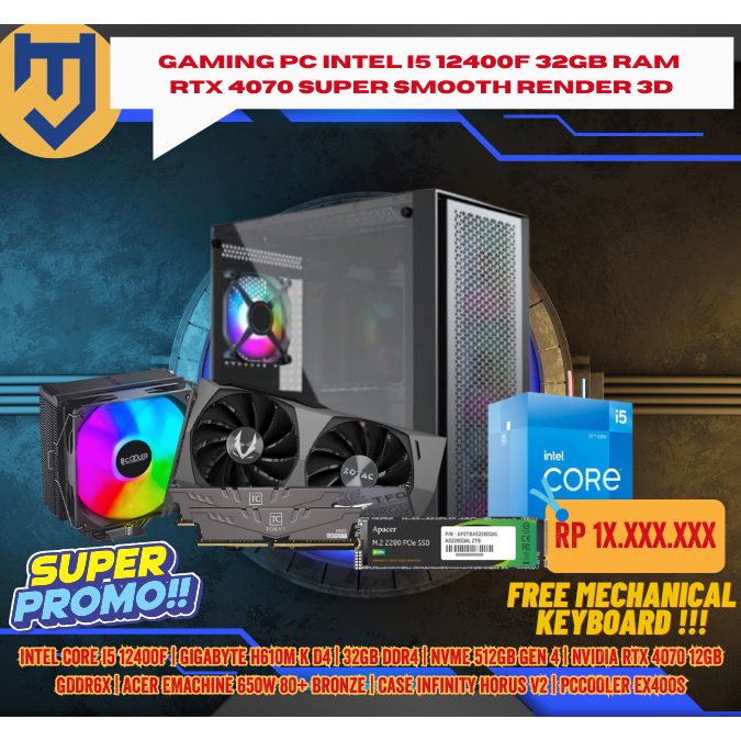 Gaming PC Intel I5 12400F 32GB RAM RTX 4070 Super Smooth Render 3D