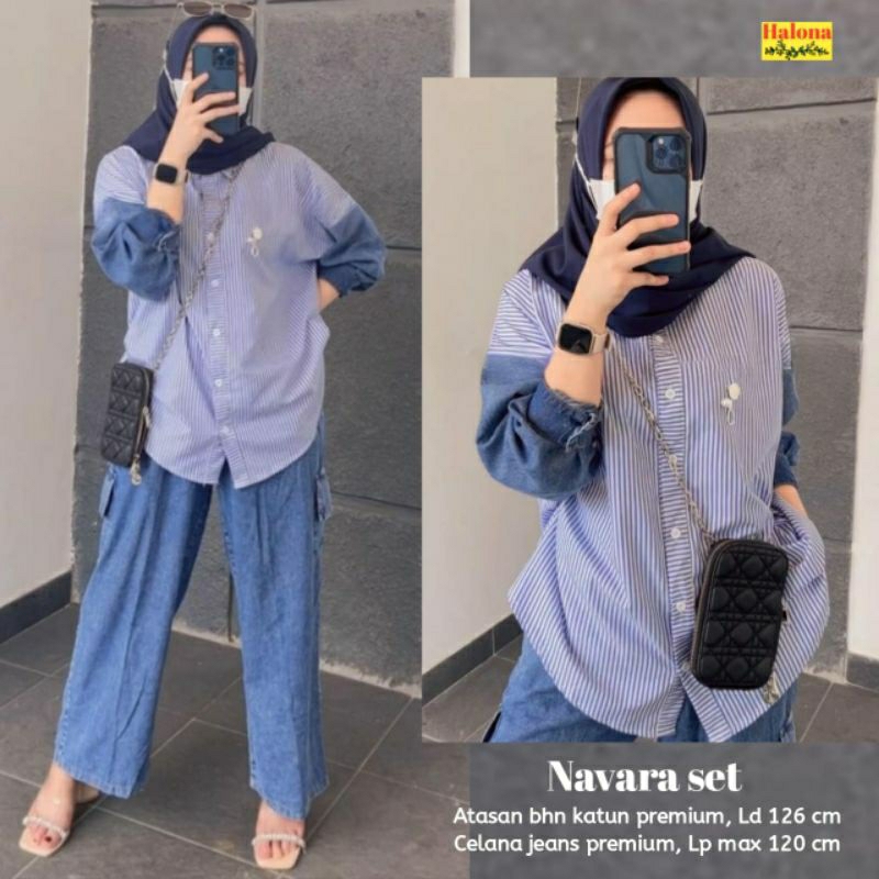 Navara One Set Setelan Jeans Celana Blouse Mix Katun Salur Ld 126 Jumbo Fit XXXL Busui Kancing By Ha