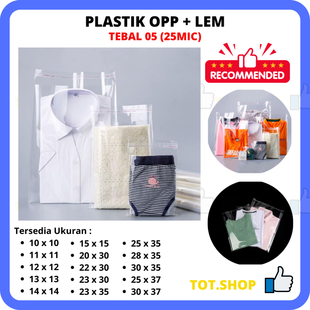 

(05) 20x30/22x30/23x30/20x35 isi 100-lbr Plastik OPP Kaca Lem Bungkus Baju Kaos Jaket Packing Sandal Kerudung Anak Dewasa Garmen micron kemasan Packing bening Seal Lem Konveksi Jahit
