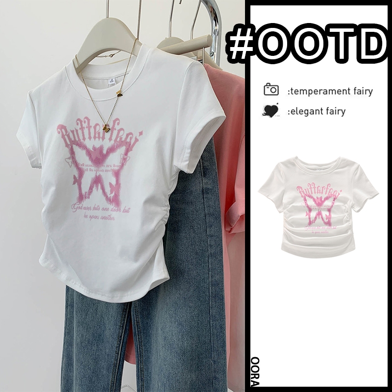 OORA Kaos crop wanita korea Lengan Pendek Crew Neck Putih Kaos  kupu-kupu pattern crop top baju atas
