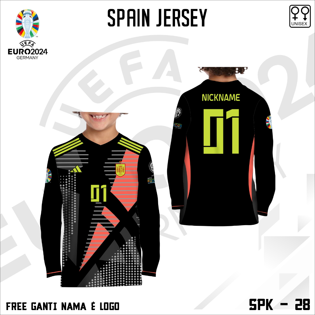 Jersey anak kaos sepak bola timnas spanyol baju kiper piala eropa jerman 2024 lengan panjang