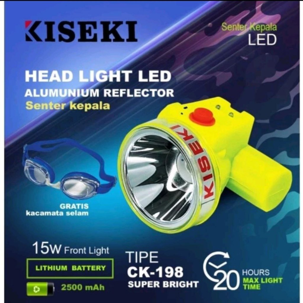 Senter Kepala Kiseki 15W Tipe 198 WATERPROOF / Senter Kepala kiseki anti air / Super Terang