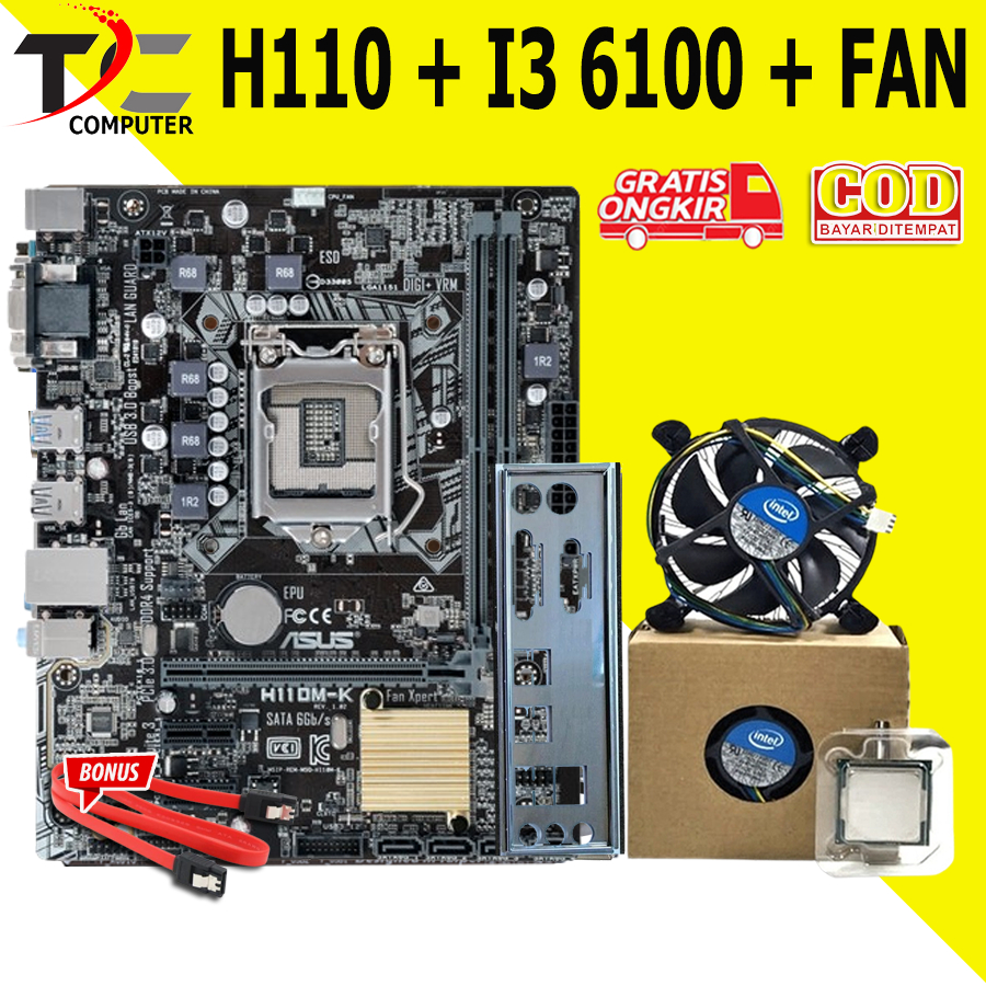 Paket Mobo Motherboard Onboard H110 Plus i3 6100 Fan LGA 1151 DDR4