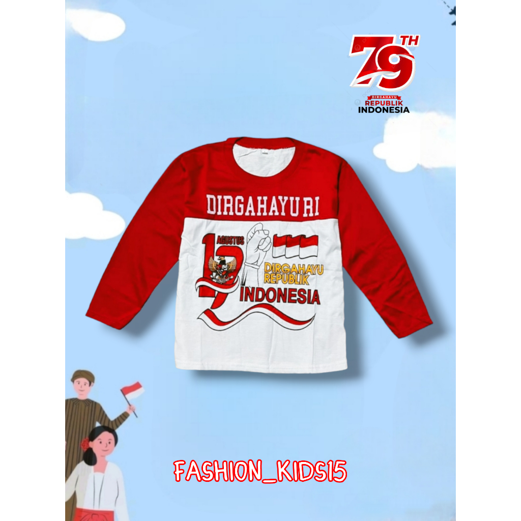 Atasan merah putih anak lengan panjang//kaos 17 agustusan motif motif dirgahayu perjuangan kemerdeka