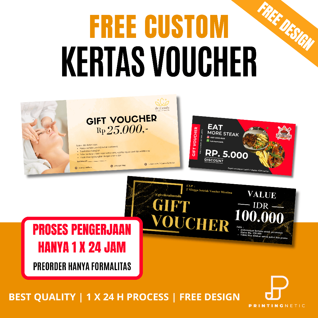 (FREE DESIGN) Custom Gift Voucher (1 Sisi), Discount Voucher, Kupon, Karcis, Voucher Masuk
