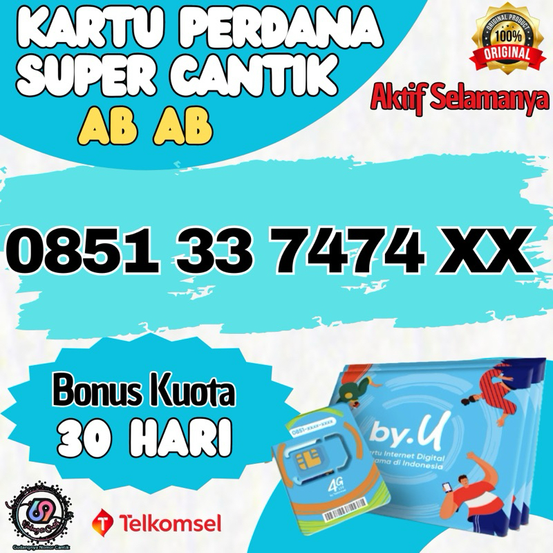 Nomor Cantik Couple (ABAB) Kartu Perdana by.U Telkomsel (Bonus Kuota 30hari)