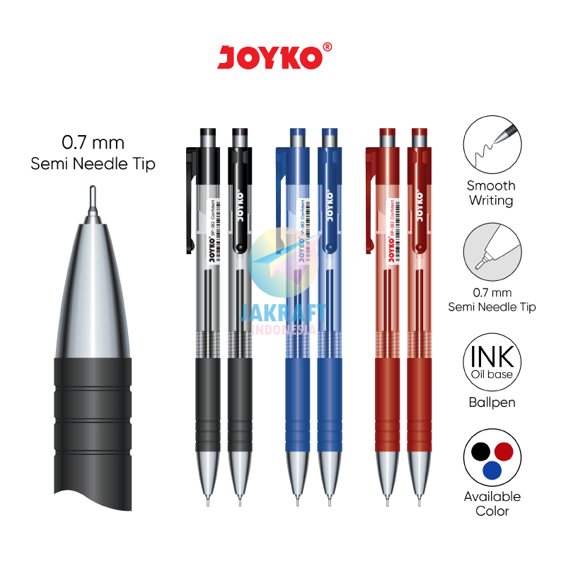 

(12 Pcs) Pulpen Bolpen Pen Klik JOYKO BP-383 Confident Semi Needle Tip Tebal 0.7 mm Warna Tinta Lengkap Hitam Black / Biru Blue / Merah Red