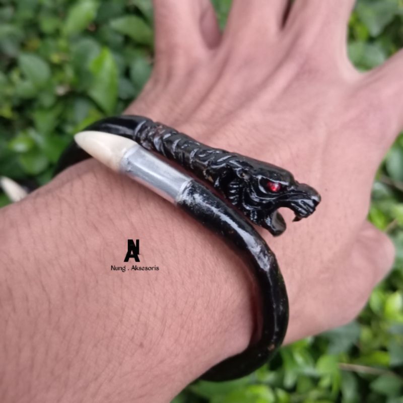 gelang akar bahar hitam ukir macan maung kombinasi taring