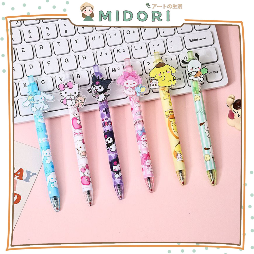 

[MIDORI] 6Pcs PENA Kuromi Cinnamoroll Melody Hello Kitty Pompompurin Pochacco ACRYLIC MEKANIK Pen Gel Rectrable Pen Black 0.5mm Minimalist - D0070