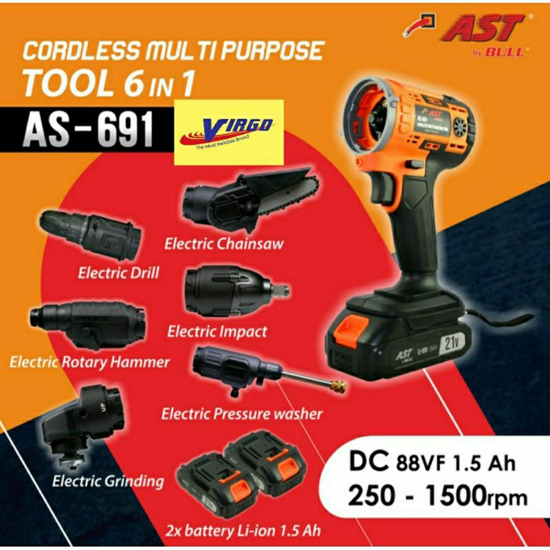 AS691 MESIN CORDLESS BATERAI MULTIFUNGSI 6 IN 1 BOR GERINDA IMPACT CHAINSAW JET CLEANER AST AS-691 A