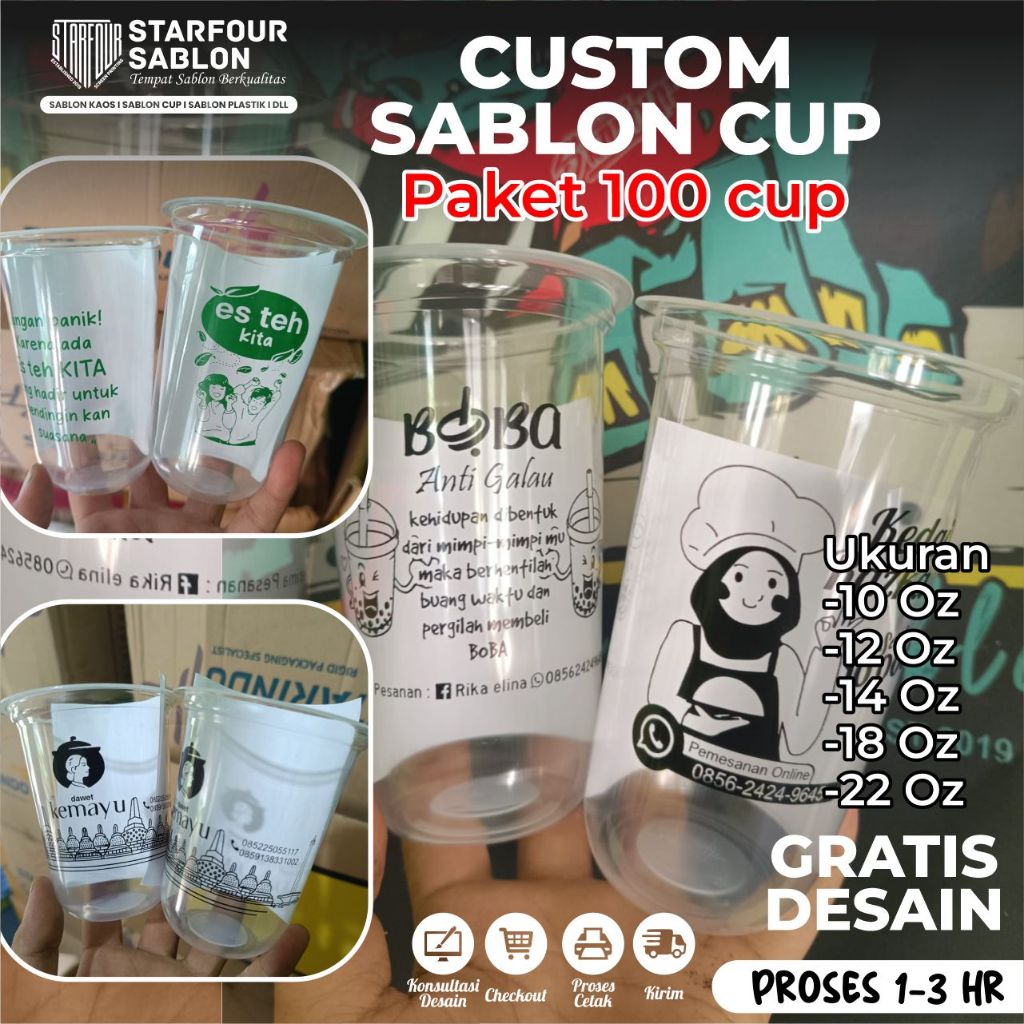 Sablon Gelas Cup Datar/Oval Bahan Tebal Ukuran 10,12,14,16,18 dan 22 Oz, Gratis Desain, 100 Cup