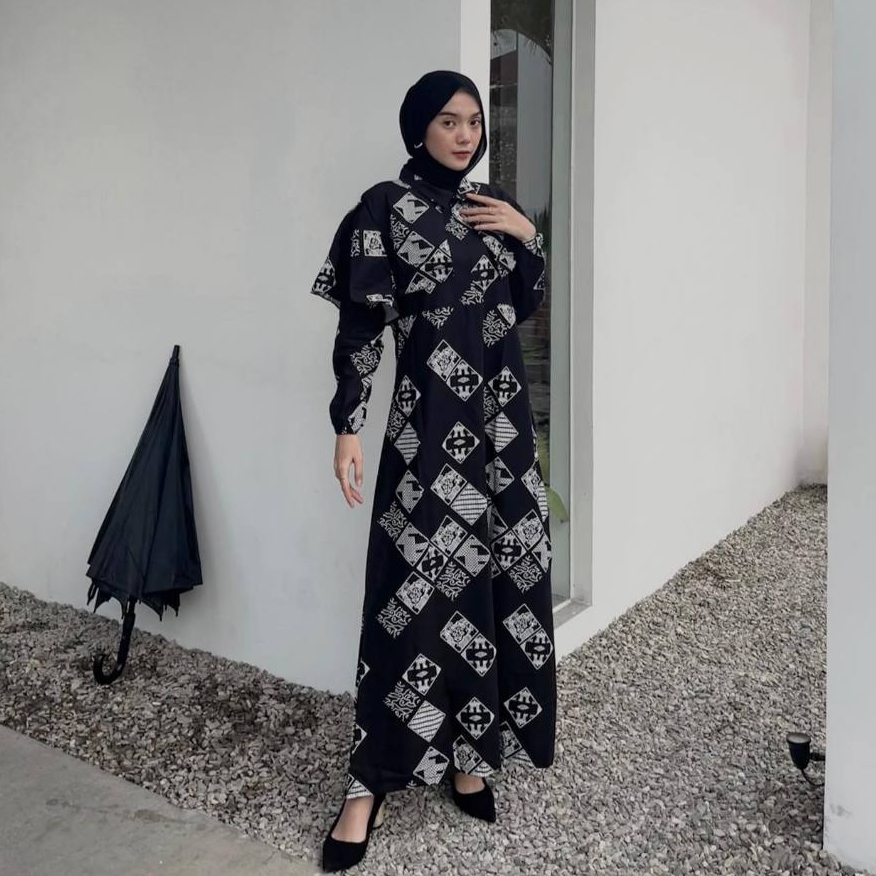 BATIK TRUSMI Dress Batik Wanita Gamis Batik Mega Mendung Kombinasi Model Cape