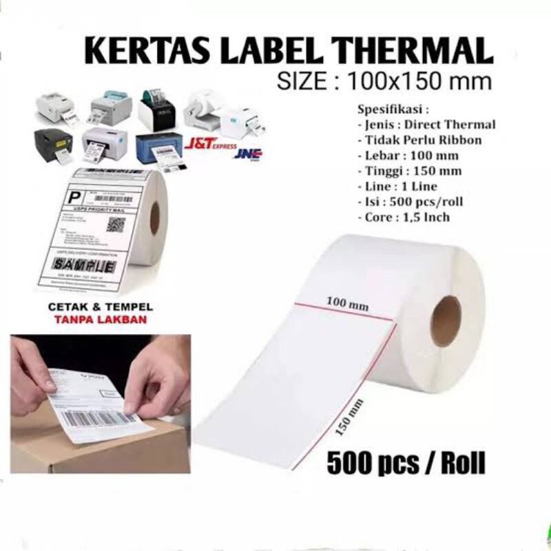 

Kertas Thermal Label Printer Resi Barcode 100x150 mm Ukuran A6 isi 500pcs Core
