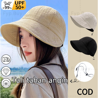 "Desain Topi Tepi Lebar Lipat Wanita Korea Topi Ember Pantai Luar Ruangan Portabel Dapat Disesuaikan