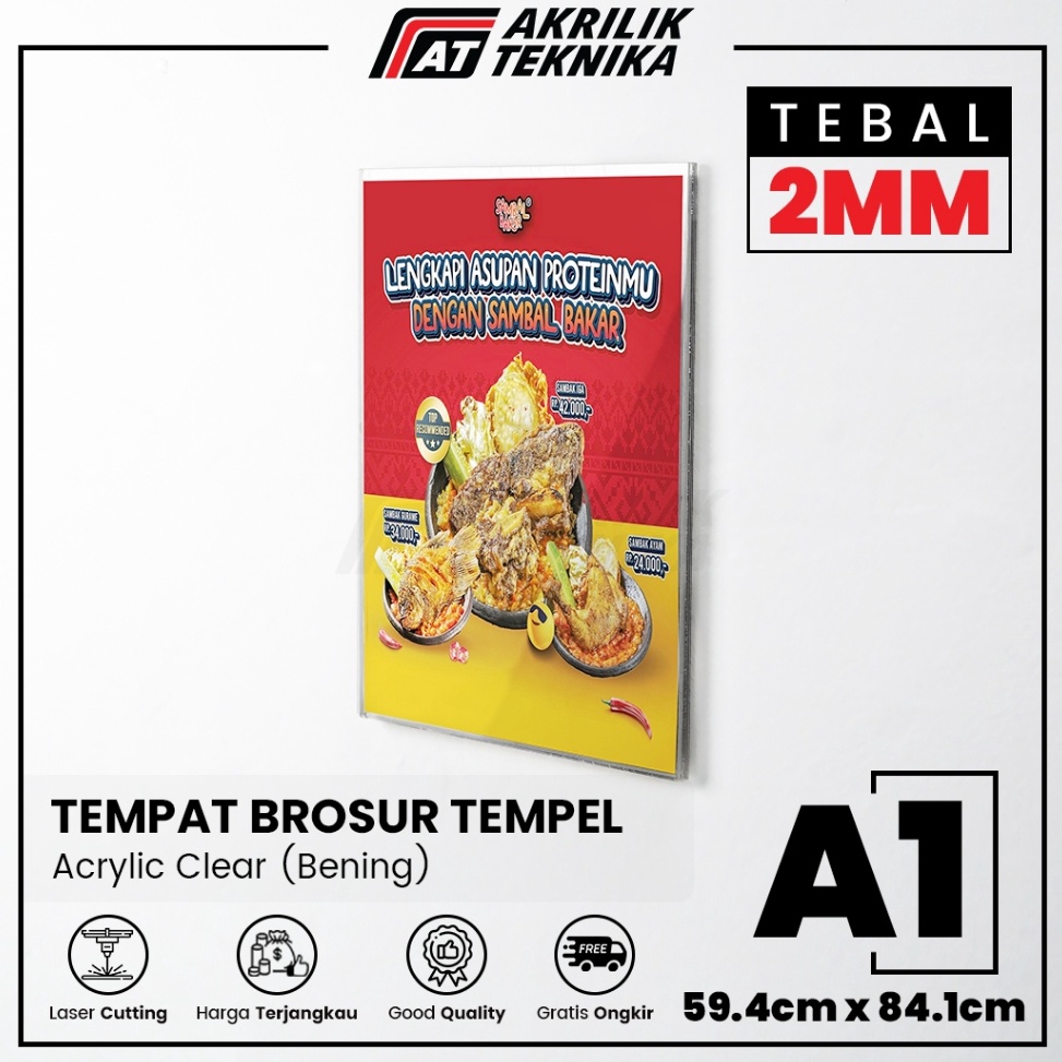 KODE X44Q Akrilik Tempat Brosur Tempel Sign Holder Qris Barcode Menu Wall Thicker Acrylic  Ukuran A1