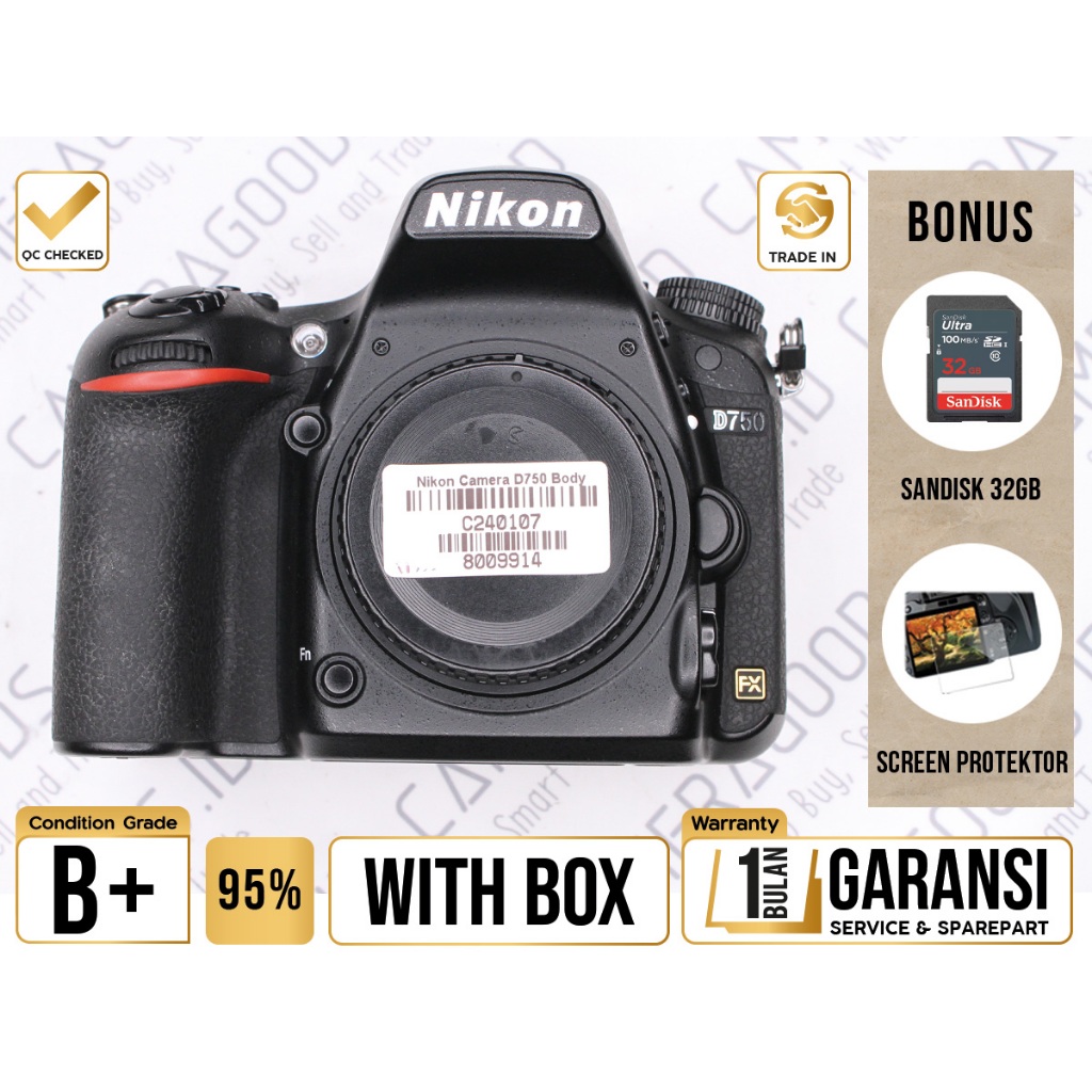 Nikon D750 DSLR Full Frame Camera Body Only  - Grade B+ - C240107 Kamera Profesional Digital SLR Use