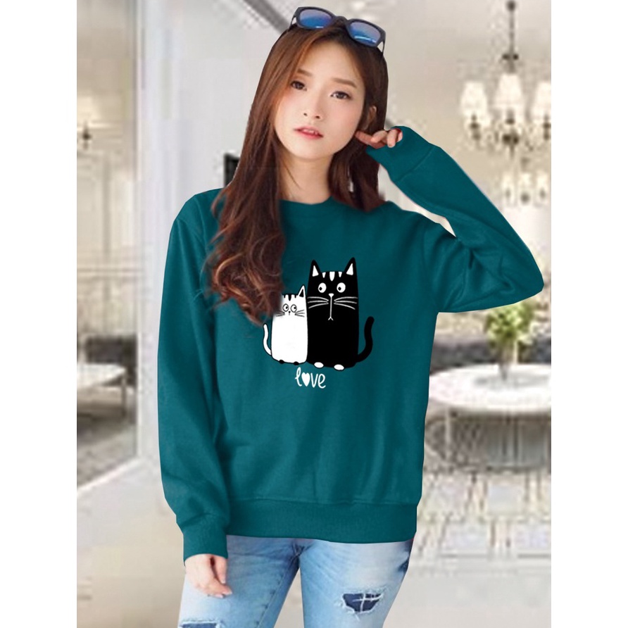 Harga Spesial Kaos Lengan Panjang meow love  Kaos Sweatshirt  Atasan Wanita  Atasan Wanita Lengan Pa