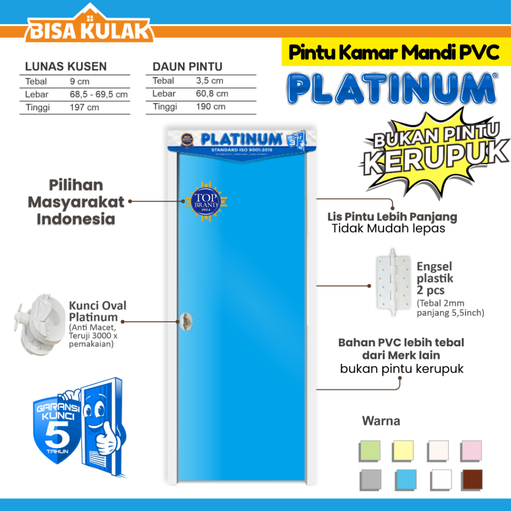 Pintu Kamar Mandi PVC / Pintu PVC - PLATINUM PVC Kuat Berkualitas (Standart / Tanpa Kaca)