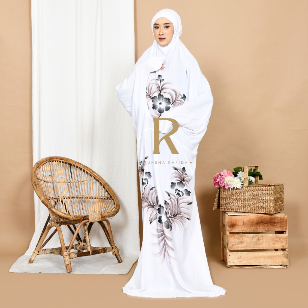 Mukena Terusan Lukis JUMBO Motif Batik | Mukena Dewasa JUMBO Putih Motif