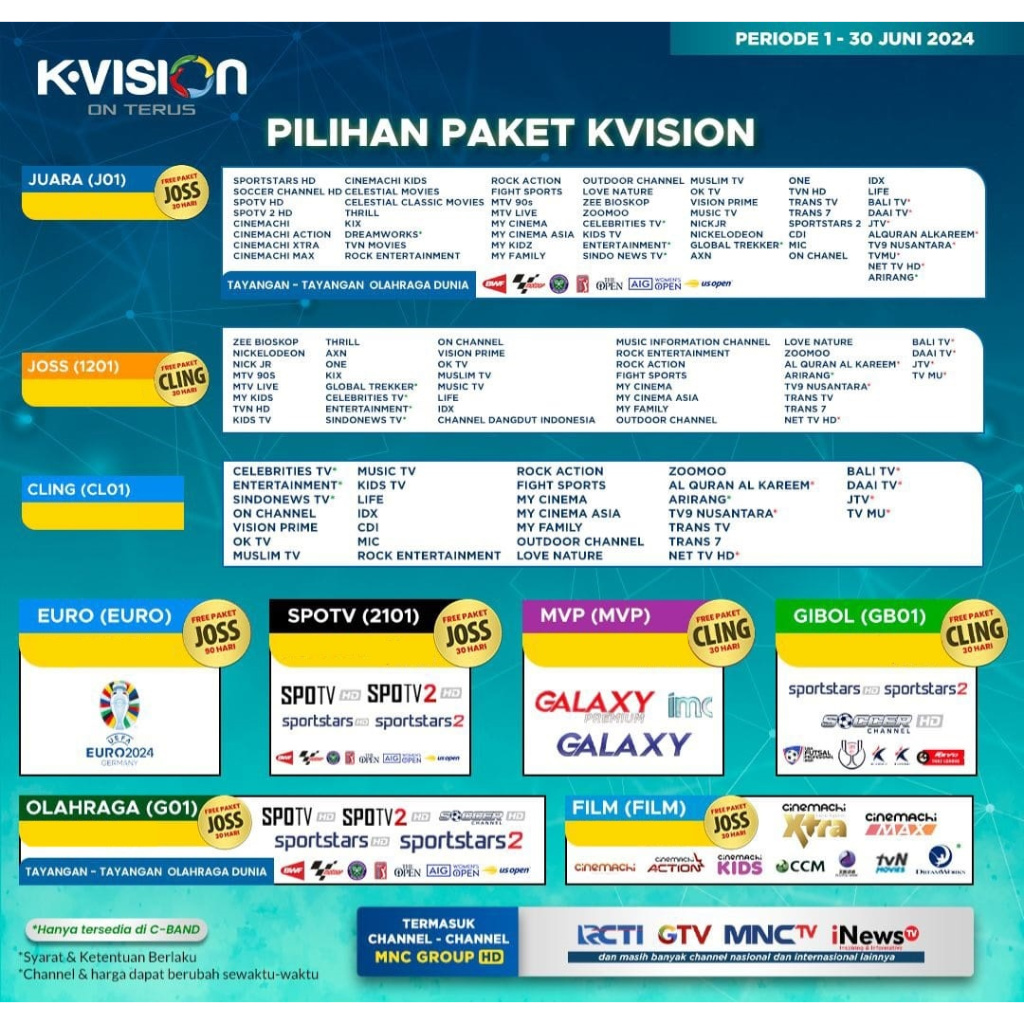 PAKET KVISION EURO JUARA OLAHRAGA SPOTV FILM GIBOL LIGA 1 K-VISION