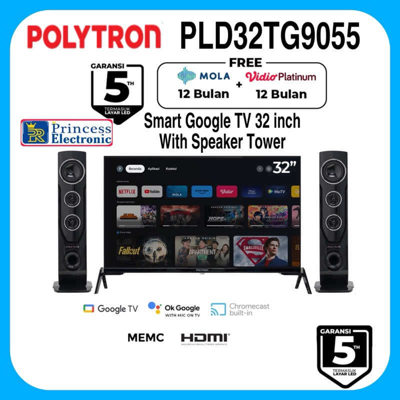 Polytron Smart Google TV 32 Inch Plus Speaker Tower