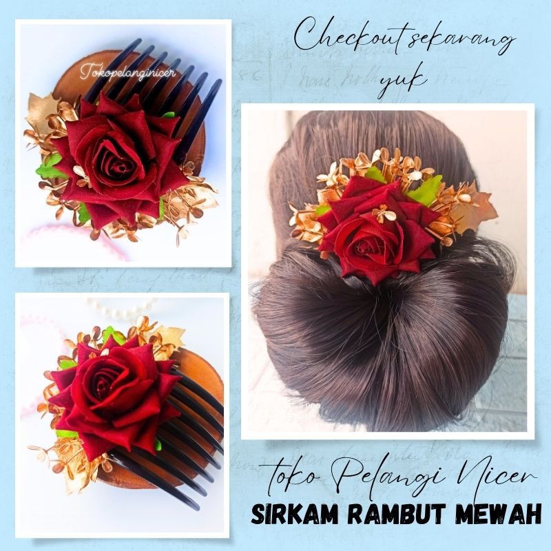 Sirkam Rambut Bunga Mawar RedGold-Hiasan Rambut Sanggul Mawar-Hiasan Tusuk Sanggul Rambut Pesta