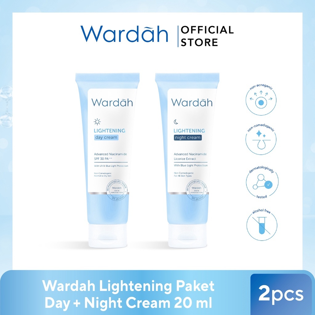 Wardah Lightening Paket Day + Night Cream 20 ml - Skincae dengan Advanced Niacinamide - Glowing Menc