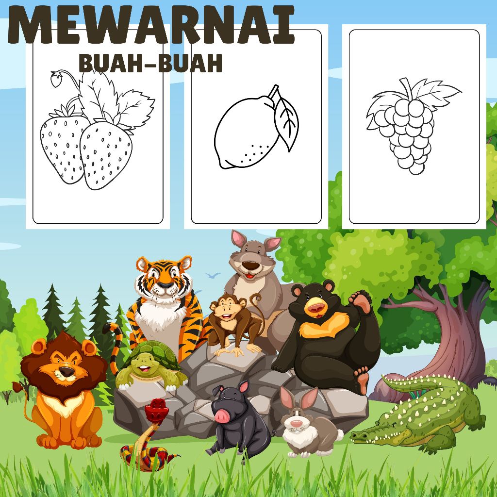 

kertas gambar mewarnai tema buahan 20 lembar dan bonus pensil 12 warna
