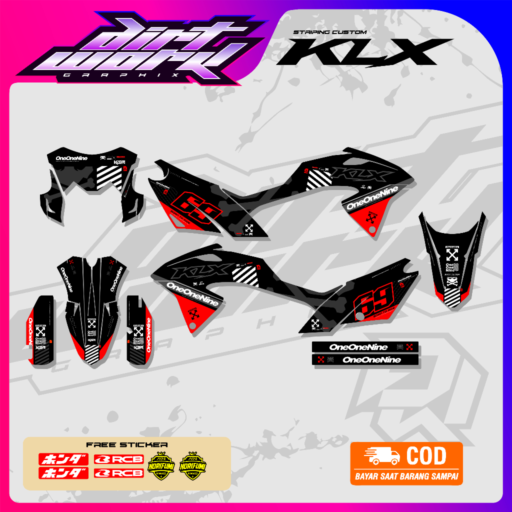 DECAL FULLBODY KLX BF 150 VARIASI ONEONENINE HITAM GLOSSY DOFF HOLOGRAM BY DIRTWORK