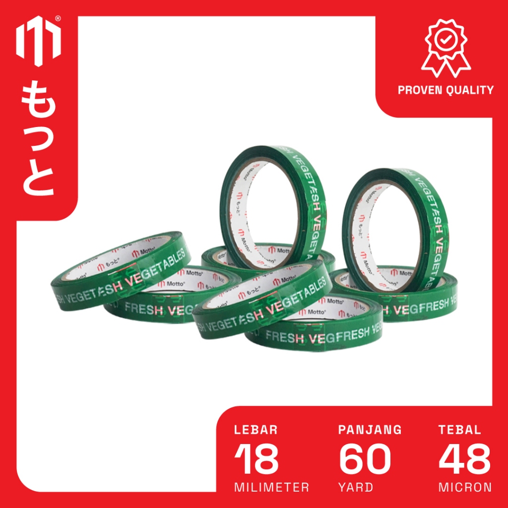 

Isolasi Fresh (Lakban Buah / Sayur) 18mm x 60 Yard - 1 Slop Isi 8 Pcs/Roll - Motto Tape