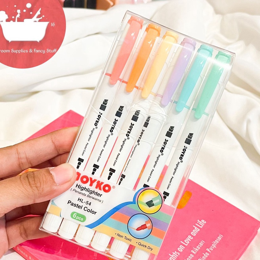 

HJ6 Joyko Highlighter Pastel set isi 6 pcs HL54 warna warni colorful tosca baby blue pink yellow orange peach penanda tulisan Spidol